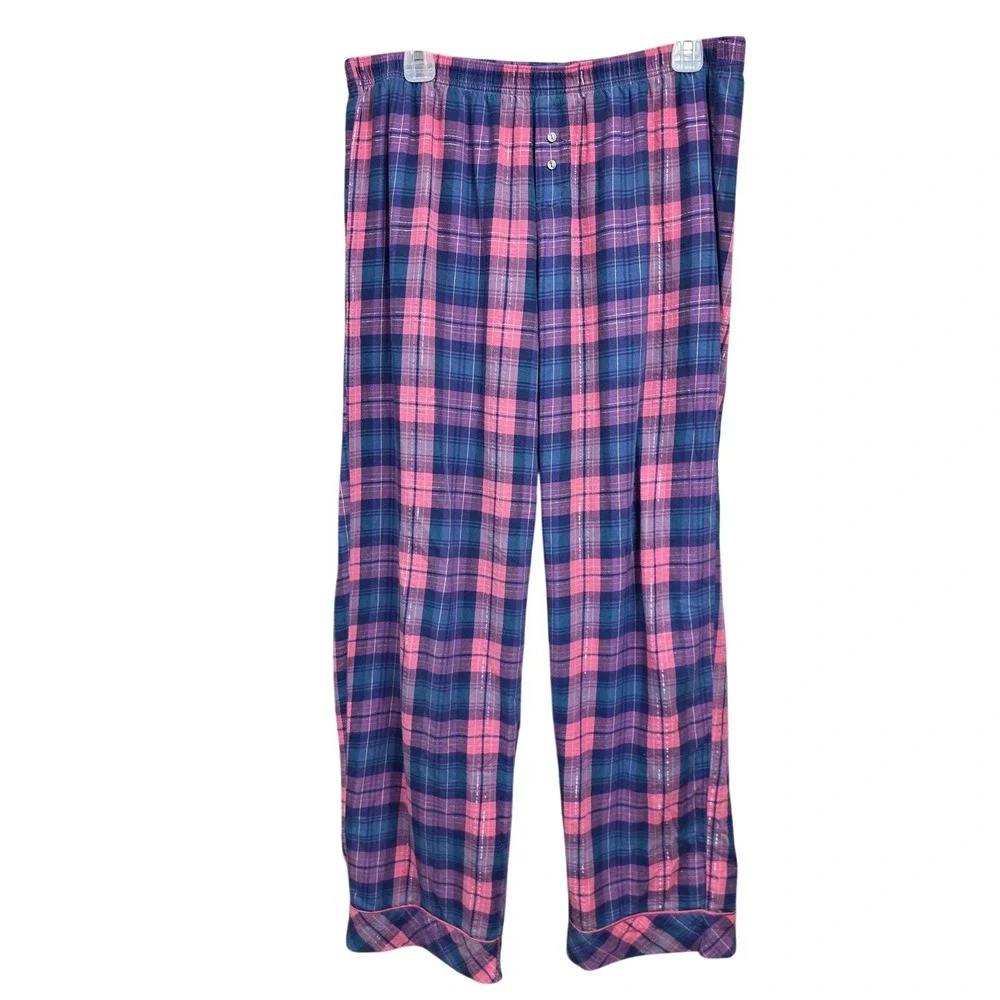 Victoria's Secret Pajama Set Women L Pink Blue Plaid Flannel Button Lounge Cozy